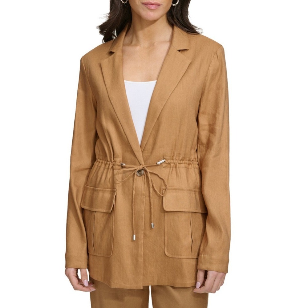 Calvin Klein Drawstring Waist Linen Blend Pocket Blazer Camel Womens XL